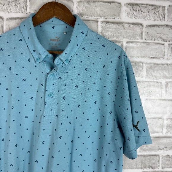 PUMA Golf Logo Argyle AOP Mint Blue Casual Collared Shirt Mens XL - Picture 1 of 6